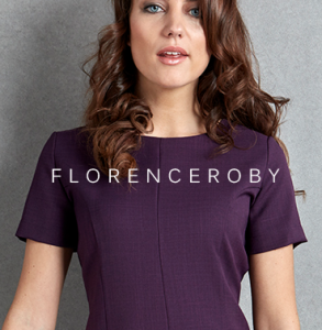 model wearing purple tunic with Florence Roby logo