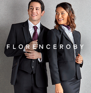 Florence Roby models in suits with logo